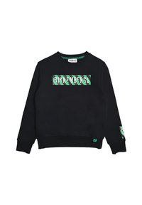 Sudadera nera a maniche lunghe con un rettangolo a strisce diagonali verdi e nere e il testo bianco "BIKKEMBERGS" sul davanti e sulla manica.
