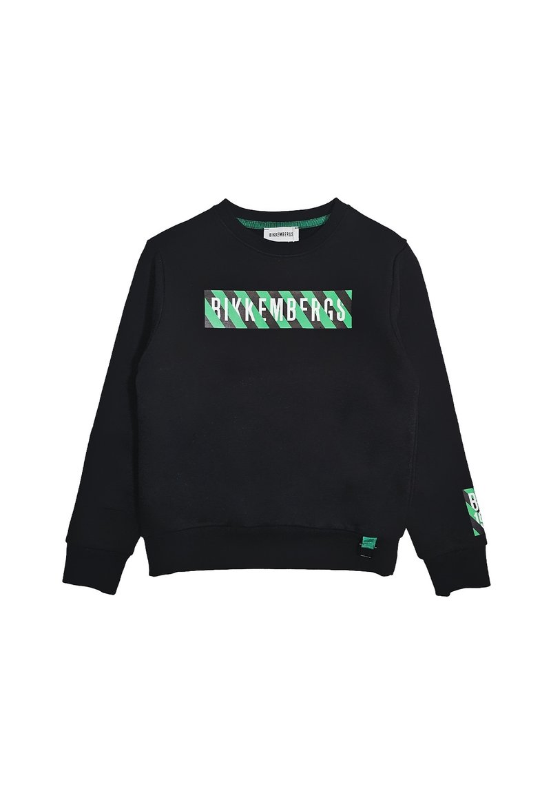 Sudadera nera a maniche lunghe con un rettangolo a strisce diagonali verdi e nere e il testo bianco "BIKKEMBERGS" sul davanti e sulla manica.