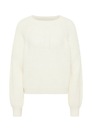 Kermansipäisen neuleen paita, jossa on pyöreä kaula-aukko, raglan-hihat, ribbikuvio ja rento istuvuus.