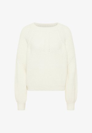 Krémový pletený svetr s kulatým výstřihem, raglánovými rukávy, ribbovanou strukturou a uvolněným střihem.