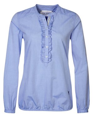 Light blue long-sleeve blouse with round neckline, front ruffle and button placket, elastic cuffs, and elastic hem detail.