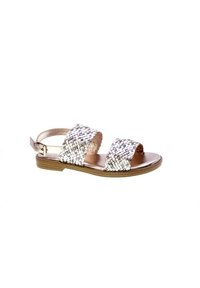 Sandal con cinturino in oro rosa, con due elementi larghi intrecciati realizzati in materiale argentato luccicante. Suola flessibile e fibbia regolabile alla caviglia.