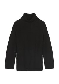 Maglione a collo alto nero in un tessuto a coste, con maniche lunghe e vestibilità comoda. Nessun hardware o motivo visibile.