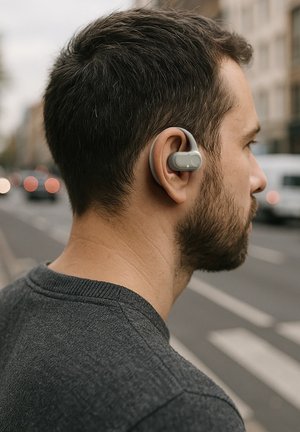 Man with short dark hair and beard wearing gray neckband-style wireless earbuds, standing on a city street near a crosswalk.