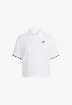 Camiseta polo branca corta com um padrão de diamante texturizado, realces verdes nas mangas e um pequeno logótipo verde no peito.