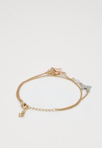 Gold-toned bracelet featuring intertwined chain designs, adorned with rose gold butterfly, silver butterfly, and a small pearl accent.