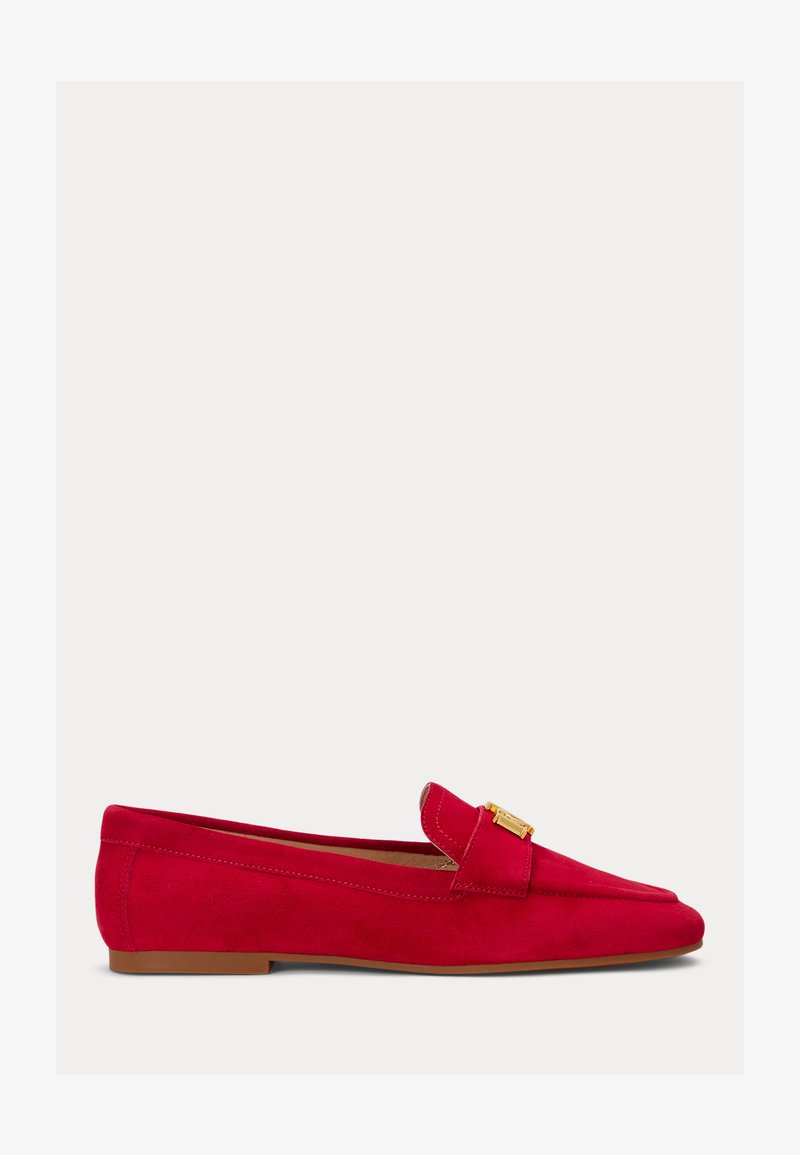 Red suede flat loafer with gold rectangular buckle detail and brown sole, side view.