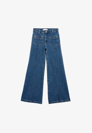 Wide-leg blue denim jeans featuring a high waist, button closure, two back pockets, and visible stitching along the front seams.