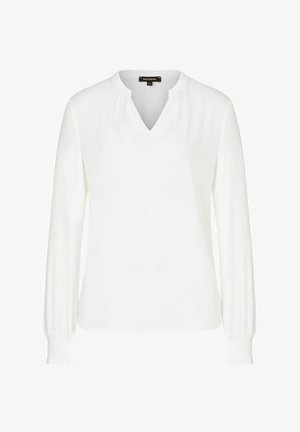 White long-sleeve blouse with a V-neck, soft texture, and gathered cuffs. Includes subtle pleats at the neckline for added detail.