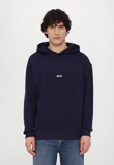 Navy blue hoodie made of soft fabric, featuring a front kangaroo pocket and logo print in white. Relaxed fit with drawstring hood.
