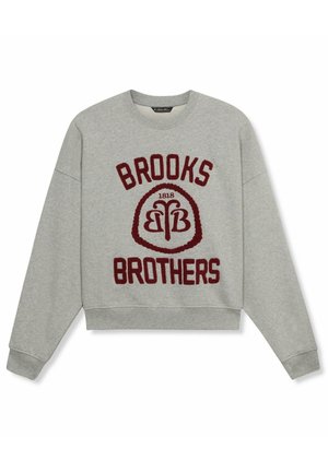 Grauer Sweatshirt mit Rundhalsausschnitt und bordeauxrotem "BROOKS BROTHERS"-Schriftzug sowie Logo mit "1818" und stilisiertem Doppel-B auf der Vorderseite.