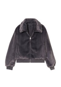 Gray faux fur bomber jacket with a zipper closure, oversized collar, and ribbed cuffs and hem. Soft texture and relaxed fit.