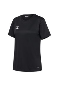 Black short-sleeve athletic T-shirt made of lightweight fabric. Features a round neckline and a small white logo on the left chest. Smooth texture.