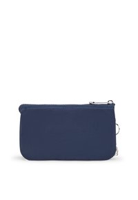 Bolsa de cremallera de color azul marino, hecha de tela duradera, con una textura suave y detalles en metal plateado, ideal para guardar objetos pequeños.