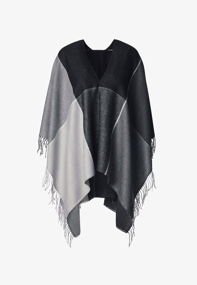 Czarny i szary ponczo z dekoltem w serek, o wzorze w kolorze bloków i frędzlami na brzegach. Wykonane z miękkiego materiału o gładkiej fakturze.