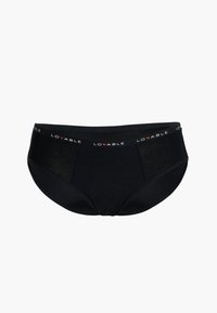 Slip in cotone nero con design semplice, caratterizzato da un elastico con la scritta "LOVABLE" e una texture liscia. Taglio classico con copertura totale.