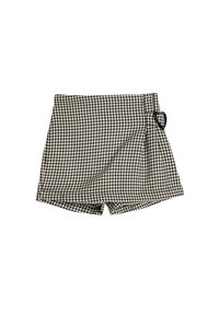 Schwarz-weiße Hahnentritt-Shorts mit hoher Taille und einem herzförmigen Akzent an der Seite. Strukturierter Stoff, maßgeschneiderter Schnitt.