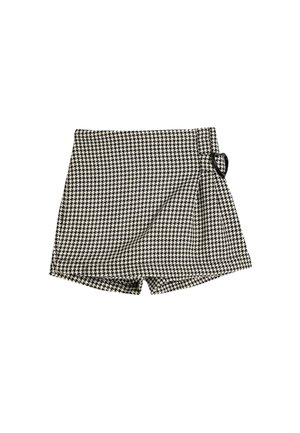 Shorts à motif pied-de-poule noir et blanc avec une taille haute et un accent en forme de cœur sur le côté. Tissu texturé, design ajusté.