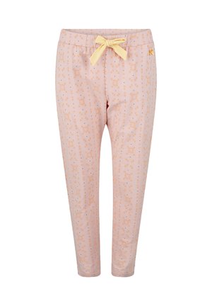 Roze bloemenpatroon broek met een elastische tailleband en een gele strikdetail. De stof lijkt zacht en lichtgewicht te zijn.