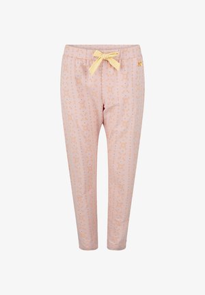 Roze bloemenpatroon broek met een elastische tailleband en een gele strikdetail. De stof lijkt zacht en lichtgewicht te zijn.