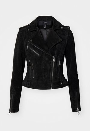 Svart semsket skinnjakke for motorsykkel med en tettsittende design, asymmetrisk glidelås, trykknapper og glidelåslommer. Glatt tekstur.