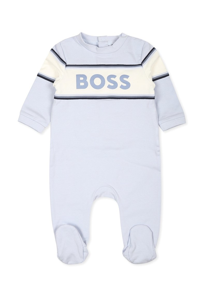Jumpsuit pour bébé en coton bleu à manches longues, présentant un panneau rayé blanc et marine avec le mot "BOSS" affiché en évidence.