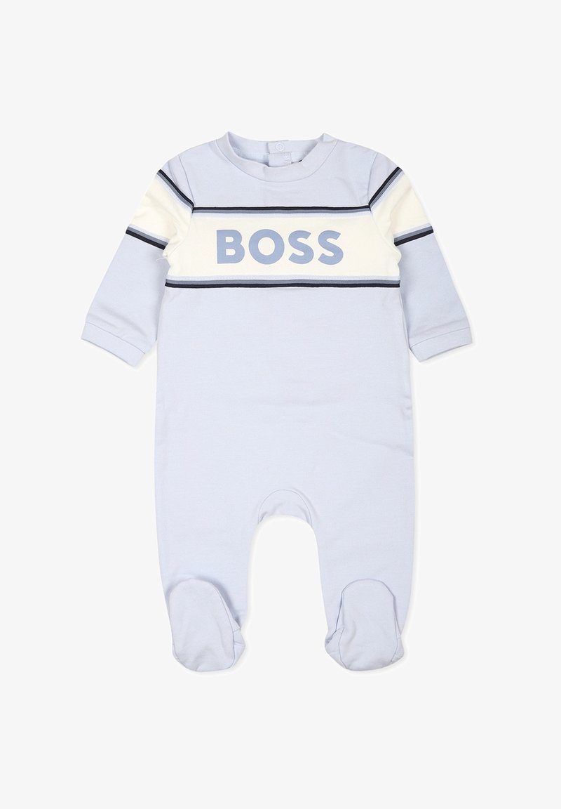 Jumpsuit pour bébé en coton bleu à manches longues, présentant un panneau rayé blanc et marine avec le mot "BOSS" affiché en évidence.