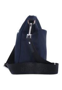 Borsa blu navy in nylon liscio, con una forma strutturata, tracolla nera regolabile e dettagli in metallo argentato.