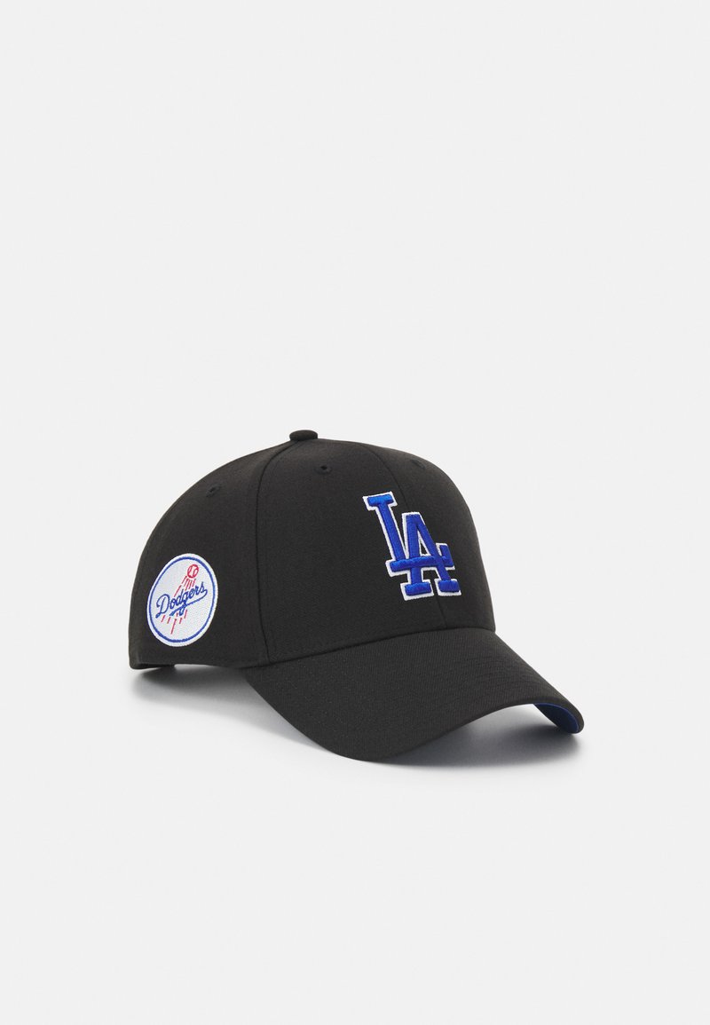 Black baseball cap made of fabric, featuring blue embroidered "LA" logo on the front and a round patch on the side with "Dodgers" text.