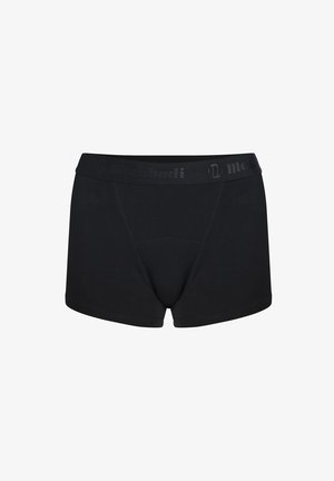 Shorts de boxe noirs en tissu doux, offrant une coupe ajustée, une taille mi-haute avec un branding discret et une texture lisse.