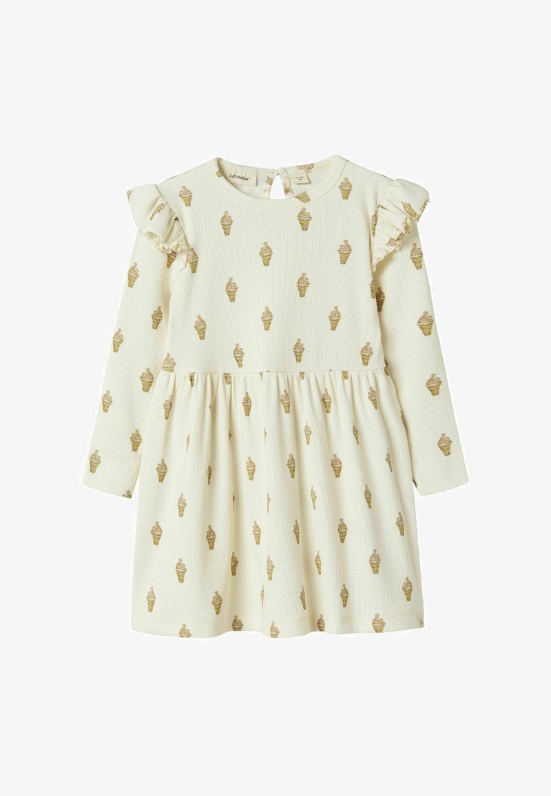 Robe crème à manches longues avec une texture côtelée, ornée d'un motif de cornets de glace et d'accents de manches froncées. Ouverture en trou de serrure au dos.