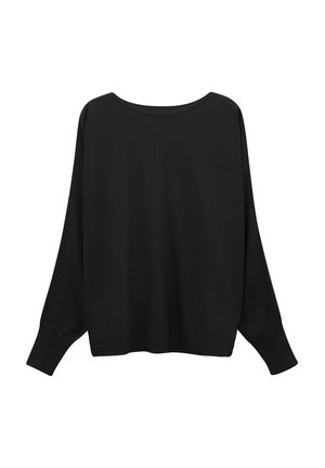 Zwarte lange mouw trui met een brede halslijn, verlaagde schouders en geribbelde manchetten. Glad textuur, relaxte pasvorm en minimalistisch ontwerp.