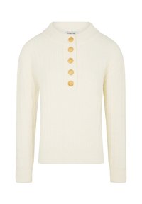 Maglione lavorato a maglia color crema con un colletto alto e quattro bottoni decorativi dorati lungo la parte anteriore. Presenta una texture a coste e maniche lunghe.