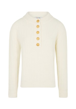 Pull en tricot de couleur crème avec un col montant et quatre boutons décoratifs dorés sur le devant. Présente une texture côtelée et des manches longues.