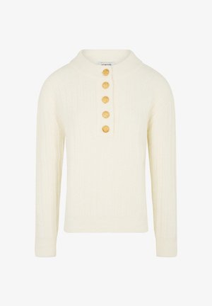 Crème-kleurige gebreide trui met een hoge kraag en vier decoratieve gouden knopen aan de voorkant. Heeft een ribbelstructuur en lange mouwen.