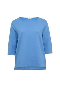 Blauwe V-hals top met driekwartmouwen, gestructureerde stof, losse pasvorm en een iets langere achterzoom. Ideaal voor casual wear.