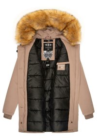 Long beige outer jacket with a faux fur hood, featuring a padded black lining, interior labels, and ribbed cuffs.