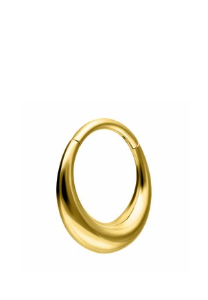 Smooth, polished gold hoop earring with a thick, curved design and hinged closure on a white background.