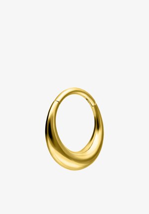 Smooth, polished gold hoop earring with a thick, curved design and hinged closure on a white background.