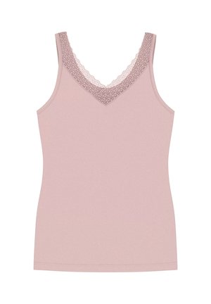 Jasnoróżowy top na ramiączkach z dekoltem w serek, z koronkowym wykończeniem wzdłuż dekoltu oraz delikatną, gładką fakturą. Bez rękawów, dopasowany krój.