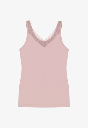 Jasnoróżowy top na ramiączkach z dekoltem w serek, z koronkowym wykończeniem wzdłuż dekoltu oraz delikatną, gładką fakturą. Bez rękawów, dopasowany krój.
