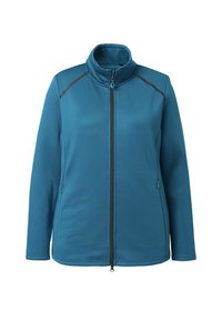 Modrá fleecová bunda se stojatým límcem, předním zipem a dvěma bočními kapsami. Má černé kontrastní švy a hladkou texturu.