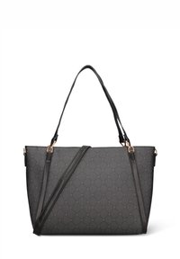 Borsa nera con motivo geometrico testurizzato. Presenta doppie maniglie, tracolla regolabile e dettagli in oro rosa.