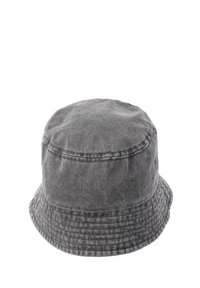 Gray cotton bucket hat with a soft texture, rounded crown, and wide, downturned brim featuring stitched detailing around the edges.