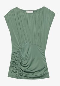 Grön, kortärmad topp gjord av mjukt, stretchigt tyg med rynkade detaljer vid sidorna och en bred, båtformad halsringning.