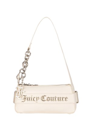 White faux leather handbag with silver "Juicy Couture" lettering, a chain strap, and a rectangular shape. Smooth texture, minimalistic design.