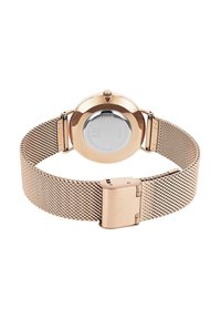 Roségoldene Mesh-Uhr mit rundem Gehäuse, Edelstahlrücken und Klappverschluss. Verfügt über ein strukturiertes Armband und Krone mit Detail.