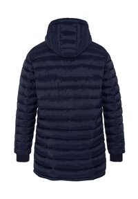 Veste rembourrée bleu marine avec capuche, présentant un design matelassé, des poignets côtelés et un ourlet droit. Texture lisse et brillante.