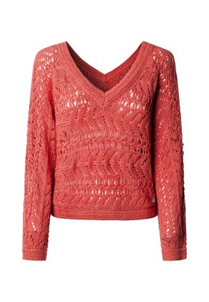 Maglione a maniche lunghe color corallo rosa in crochet con scollo a V e motivi traforati intricati su tutto il tessuto.