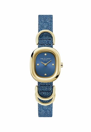 Zlata ura z zaobljenim modrim številčnico, petimi zlatimi pikami kot oznakam ur in denimsko zapestnico z dvojnimi zankami.